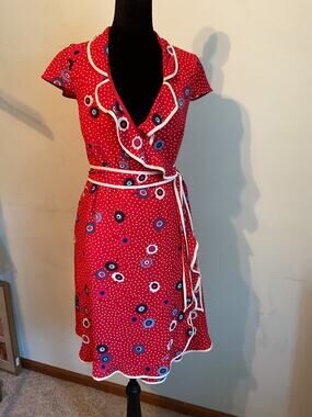 ModCloth Daytime Dapper Red Polka Dot Floral Ruffle Trim Wrap Midi Dress Retro S